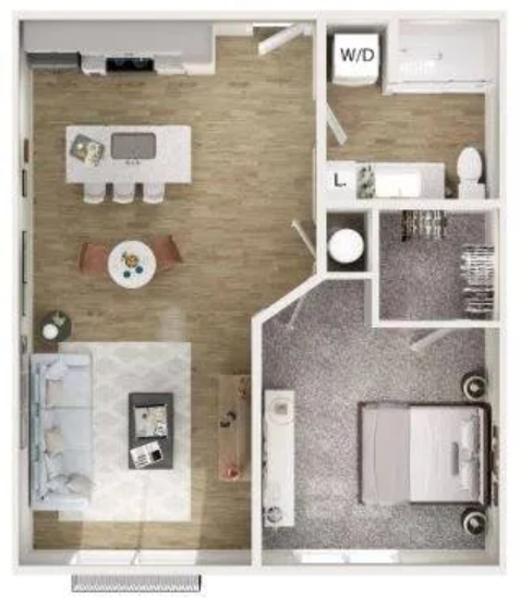 Floor plan for 1 bed, 1 bath, 697 sqft